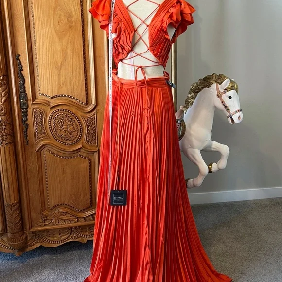 NWT Mac Duggal 26729 [12] Pleated Ruffled Cap Sleeve Cut Out Lace Up Gown Orange - Picture 3 of 12